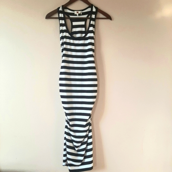 Black White Striped Scrunch Summer Dress - Picture 1 of 8